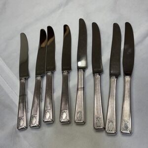 8 Dinner Knives COMMUNITY Noblesse Art Deco Flatware Silverplate Vintage